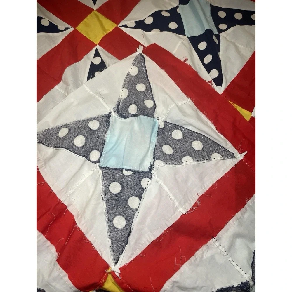 Classic Patriotic Americana Quilt Top 64x90 Modern Farmhouse Boho Red Blue Vivid